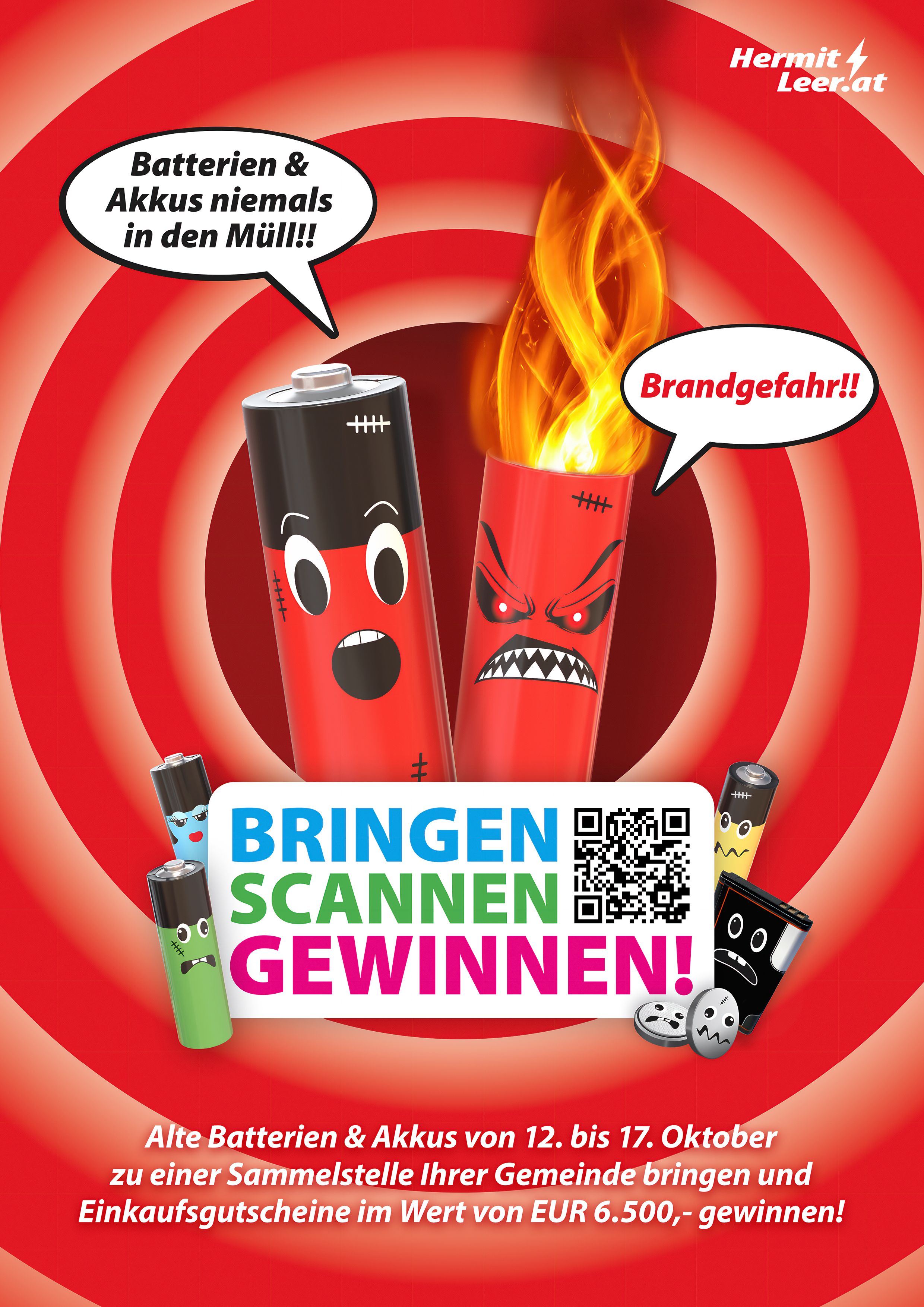 Bild von 2 Batterien, eine brennt, auf roten Hintergrund, QR-Code zum einscannen vorhanden