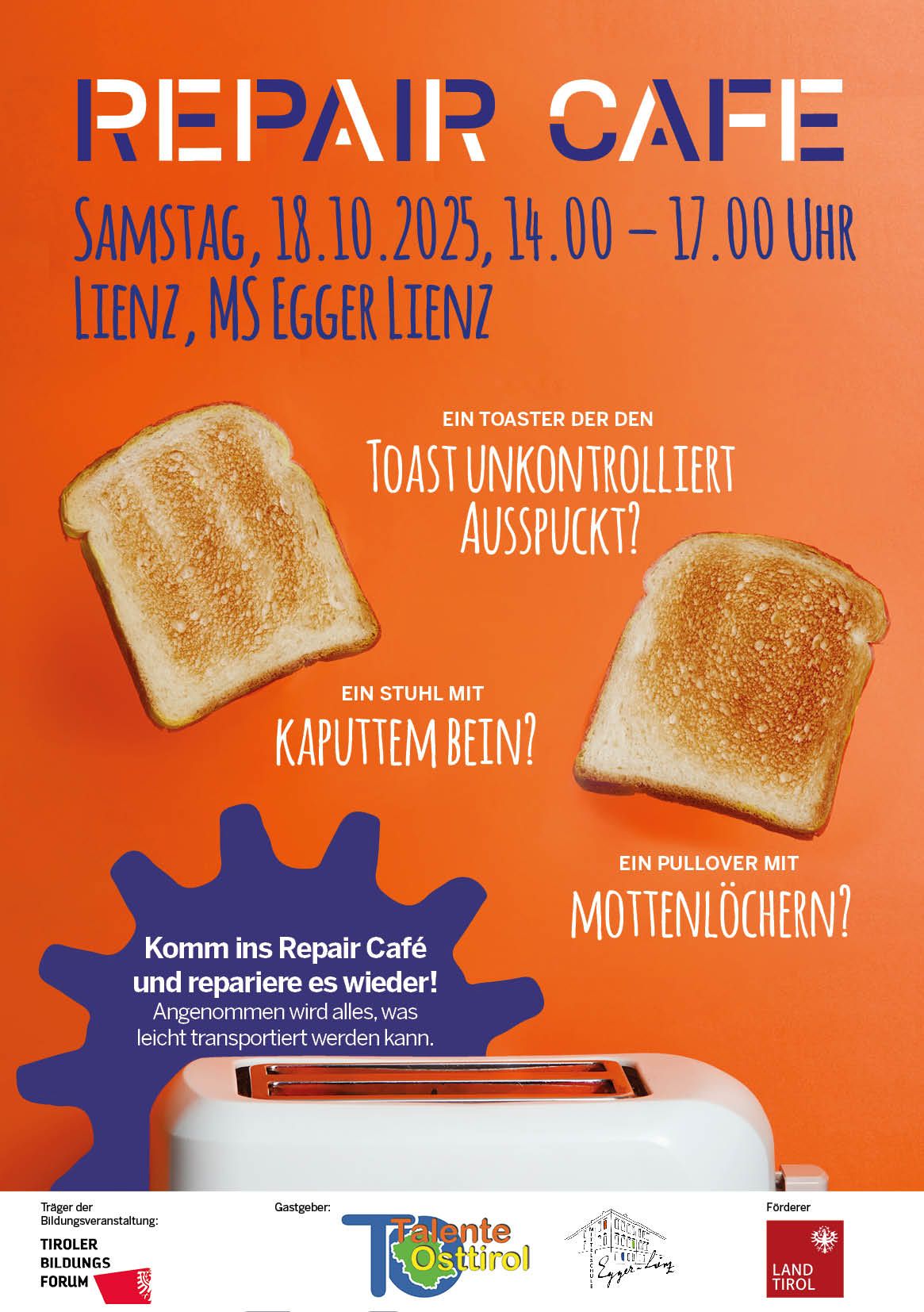 oranges Plakat mit Toaster, zwei Toastscheiben hüpfen aus Toaster