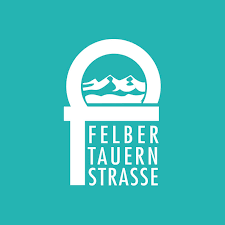 Logo der Felbertauern AG, türkiser Hintergrund, weiße Schrift, großes F, Berge