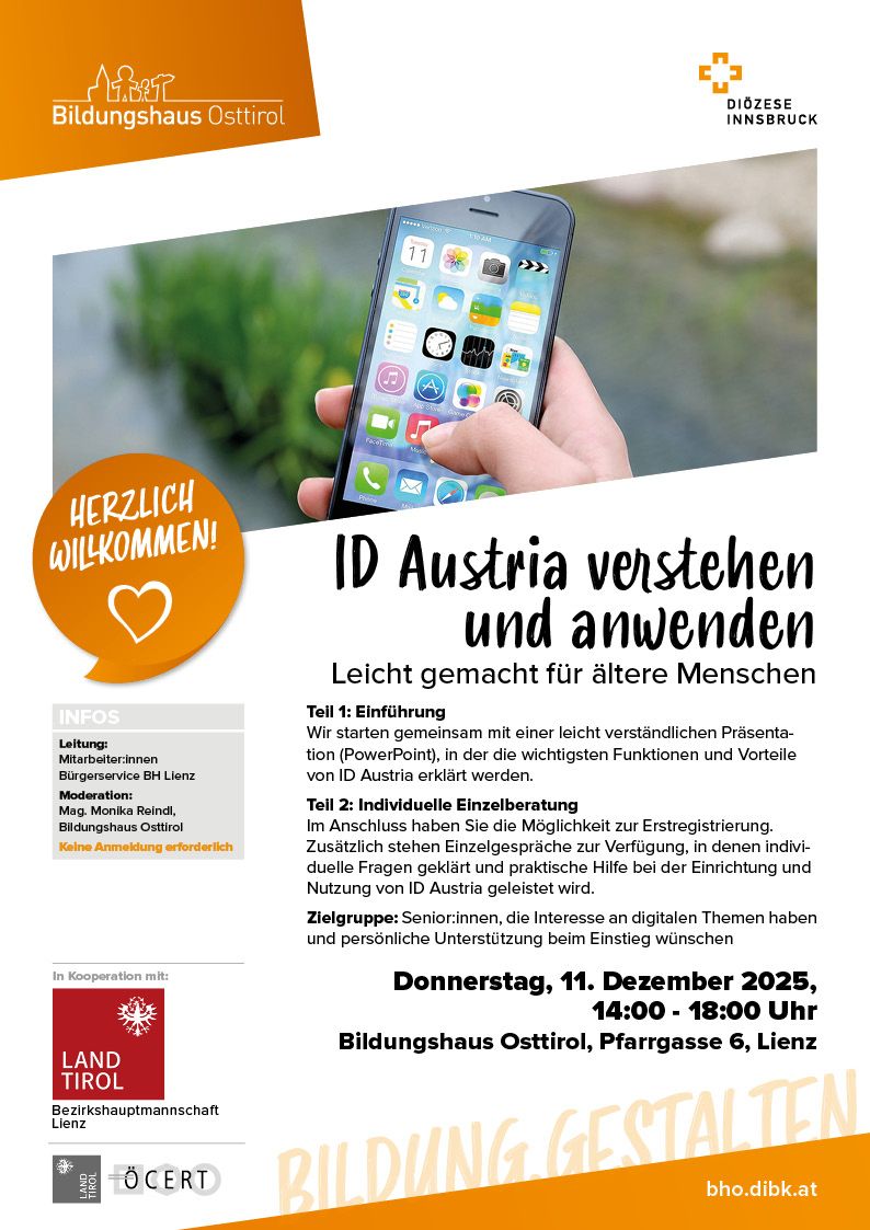 Plakat mit Abbildung eines Handy mit Finger, weiß/orange